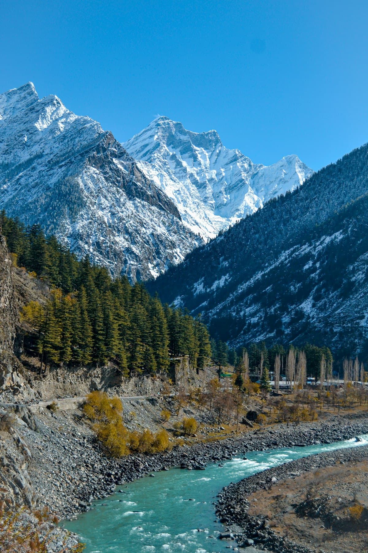 The Beas river winding through the Kullu valley below snow-capped mountains