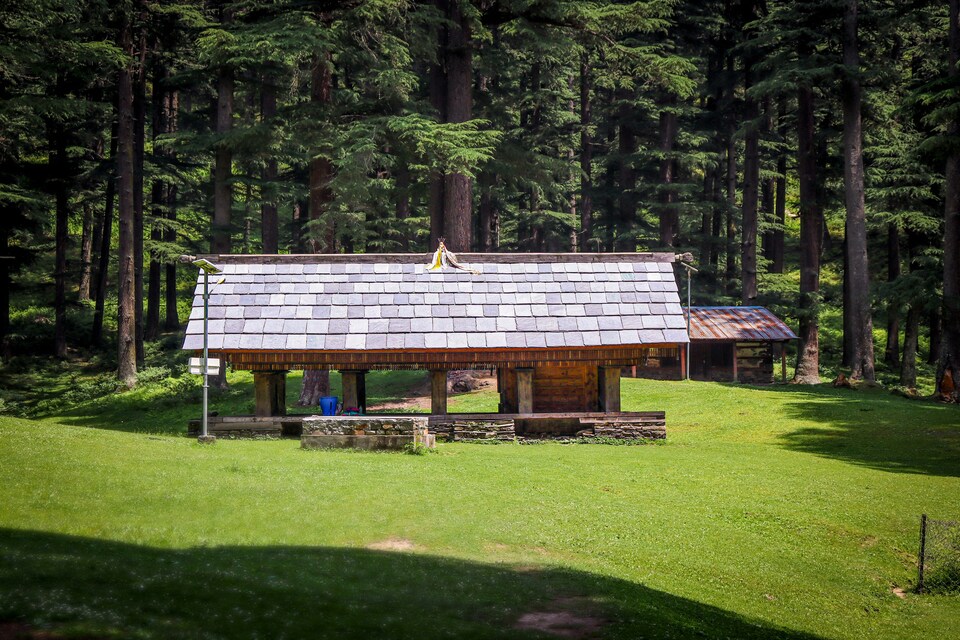 Balu Nag Temple surrounded by dense green forest in Himachal Pradesh, offering a peaceful and spiritual retreat