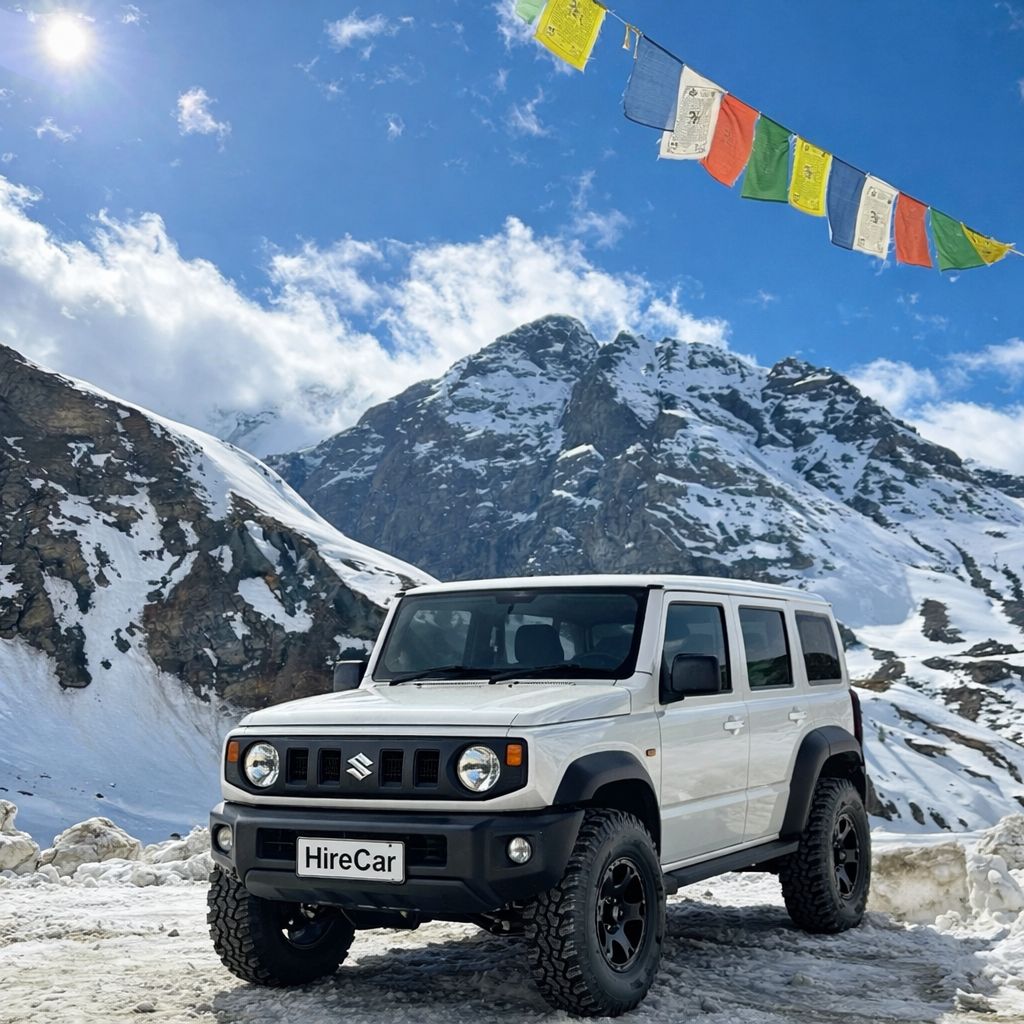 4x4 SUV car rental parked on a snowy Himalayan mountain road in Manali under colorful prayer flags.