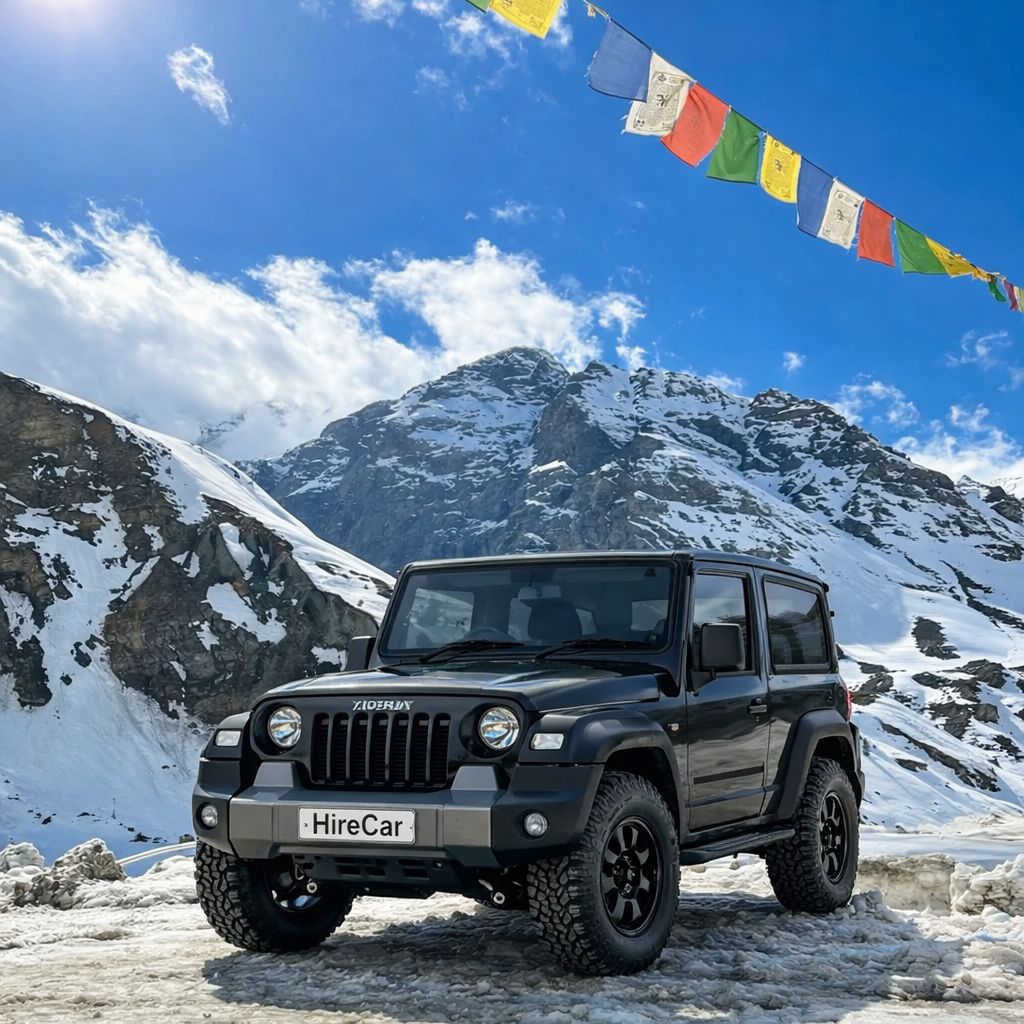 Mahindra Thar car rental in Manali on snowy mountain road with Himalayan backdrop
