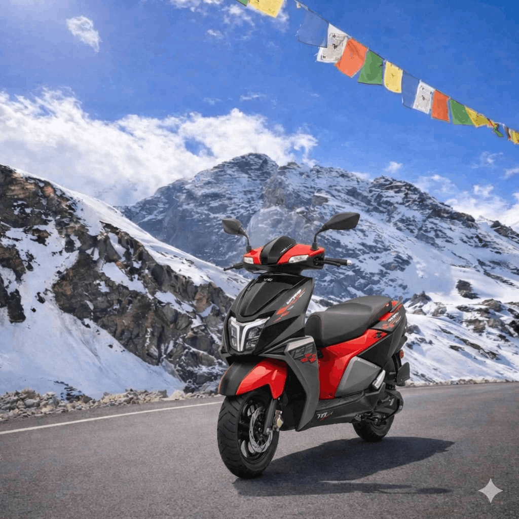 Scooty rental in Manali on mountain road in Manali with snow-covered peaks – bike rental service in Manali
