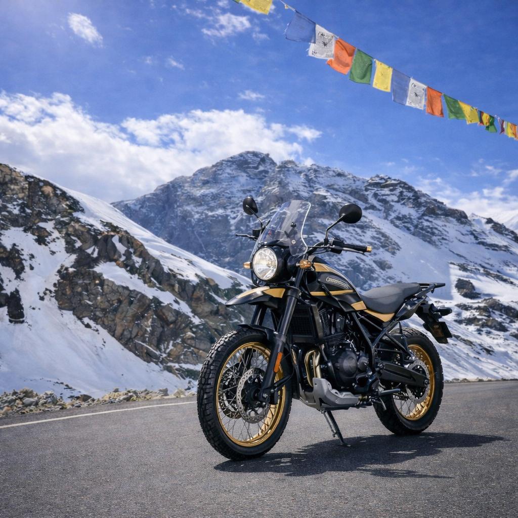 Royal Enfield Himalayan 450 parked on a snowy Himalayan mountain road in Manali under colorful prayer flags.