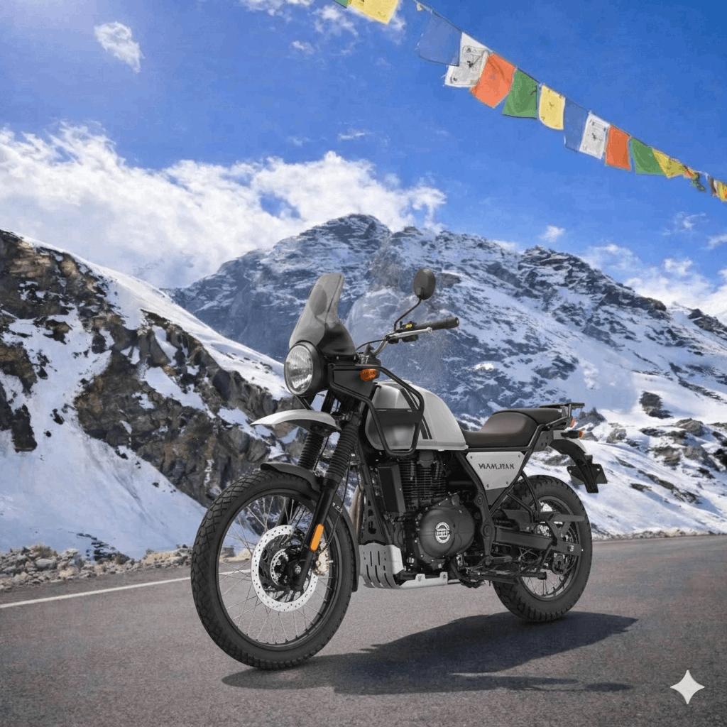 Royal Enfield Himalayan 411ccbike on mountain road in Manali with snow-covered peaks – bike rental service in Himachal Pradesh